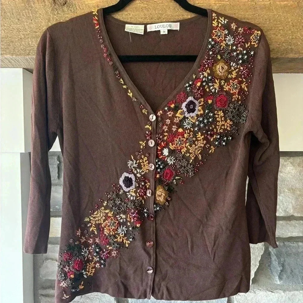 Lou Lou Cardigan Women’s M Choc Brown Beaded Embroidered 90s Y2K Retro Floral